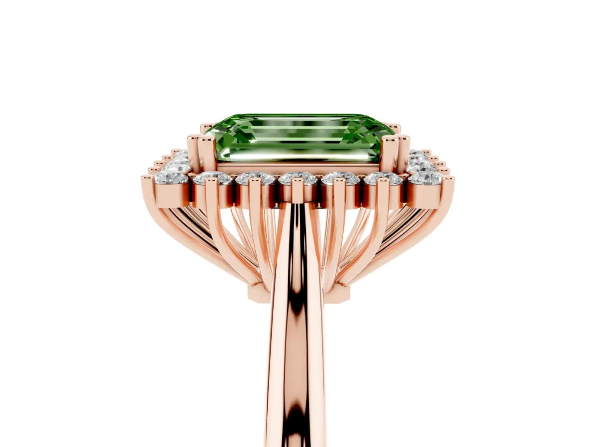 Fancy Green Emerald Cut Cut Diamond Halo Ring with Solitaire Band and Prong Setting Rose gold