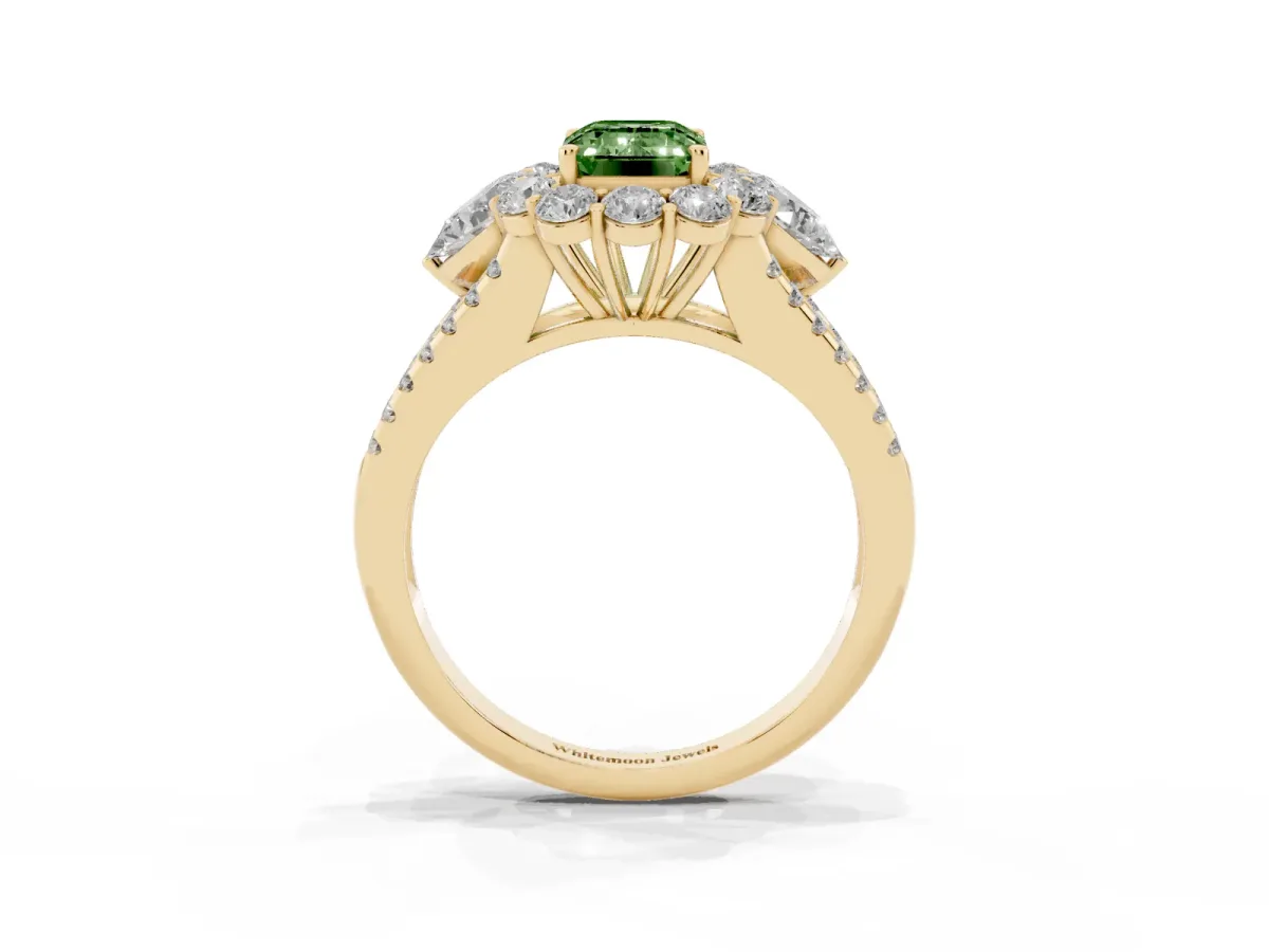 Fancy Green Emerald Cut Halo Split Shank Diamond Engagement Ring with Prong Setting Yellow gold