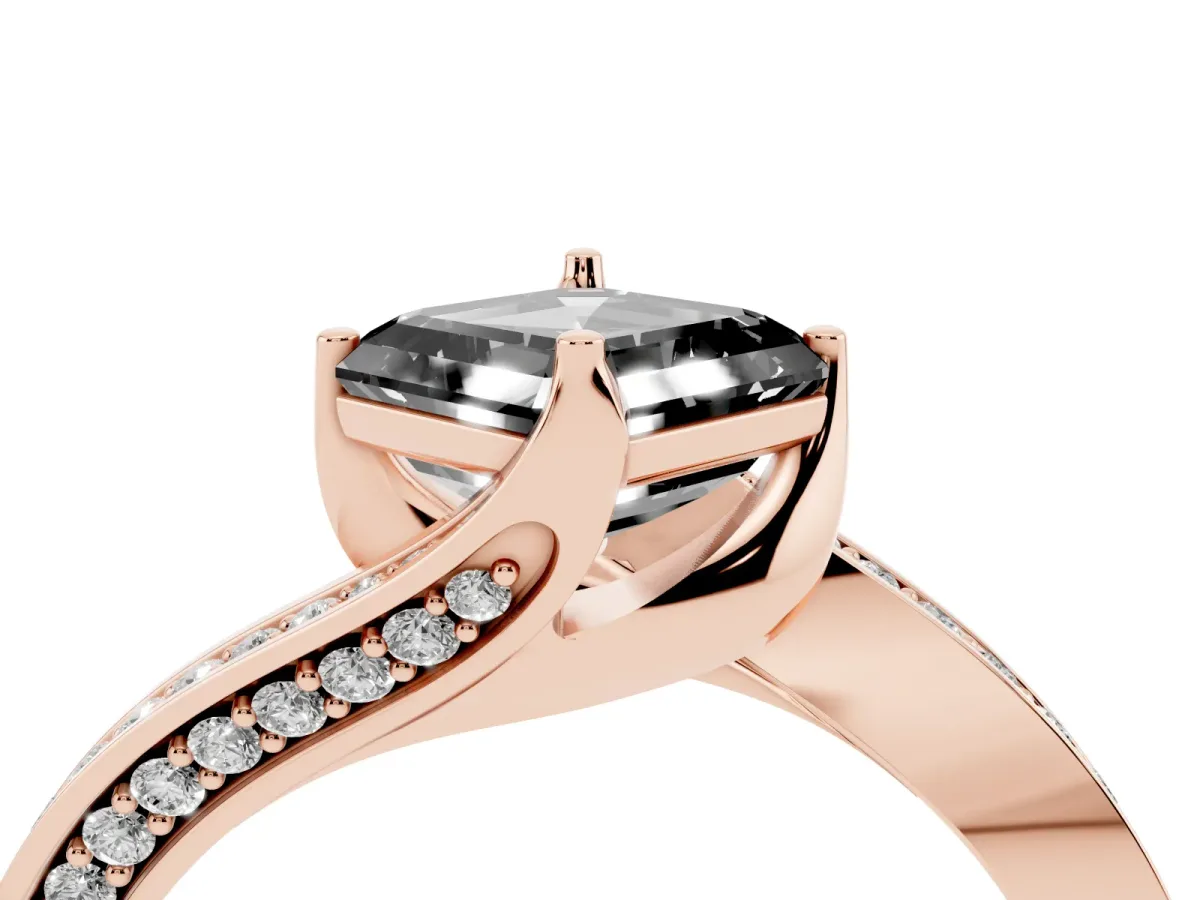 Fancy Black Asscher Cut Solitaire Diamond Twist Band with Pavé Setting and Four-Prong Setting Rose gold