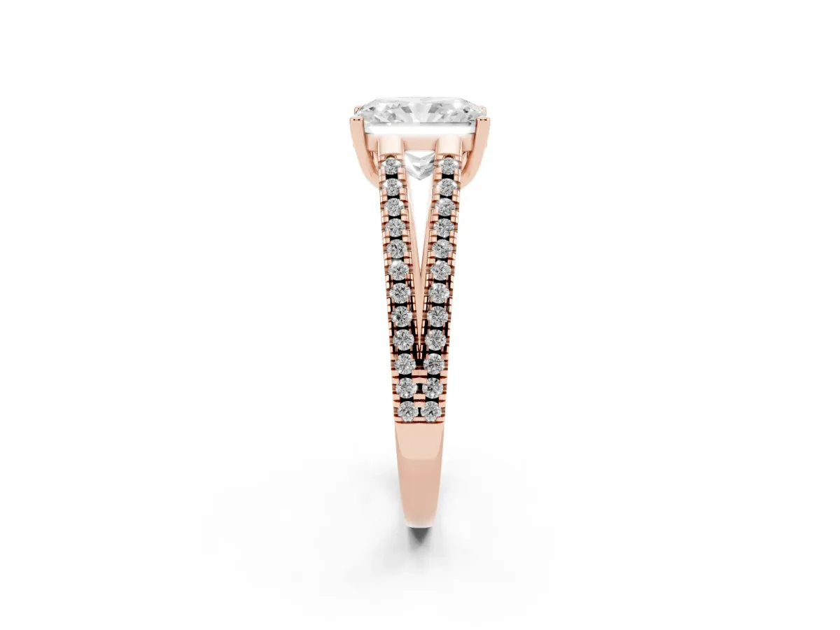 Radiant Cut Diamond Solitaire Engagement Ring with Split Shank Pavé Band Rose gold