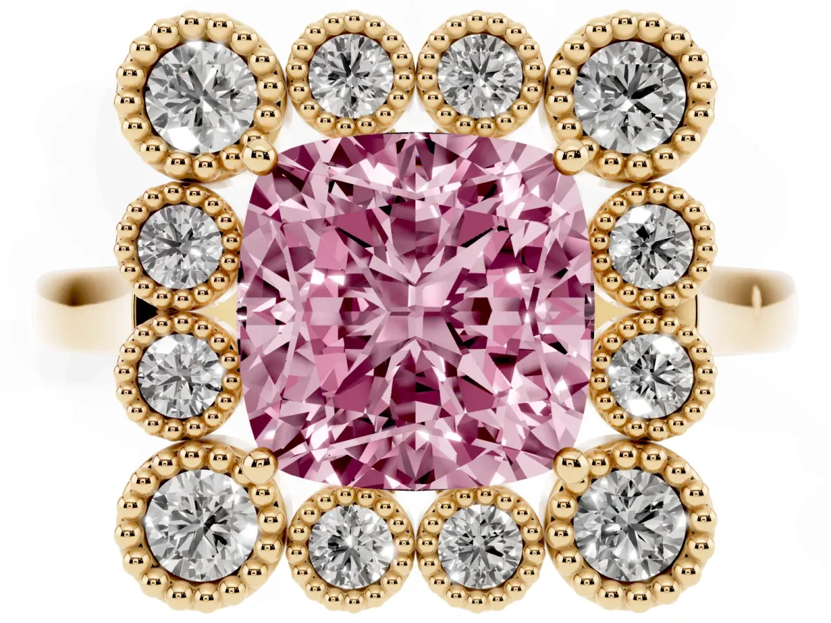 Fancy Pink Cushion Cut Halo Diamond Cluster Engagement Ring with Milgrain Bezel Setting and Solitaire Band Yellow gold
