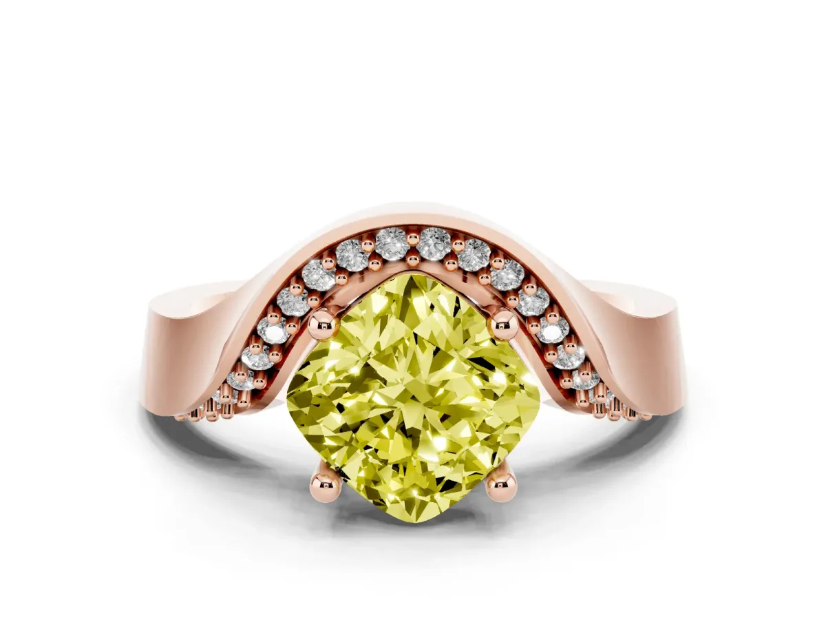 Fancy Yellow Cushion Cut Solitaire Diamond Engagement Ring with Pave Band and Four-Prong Setting Rose gold