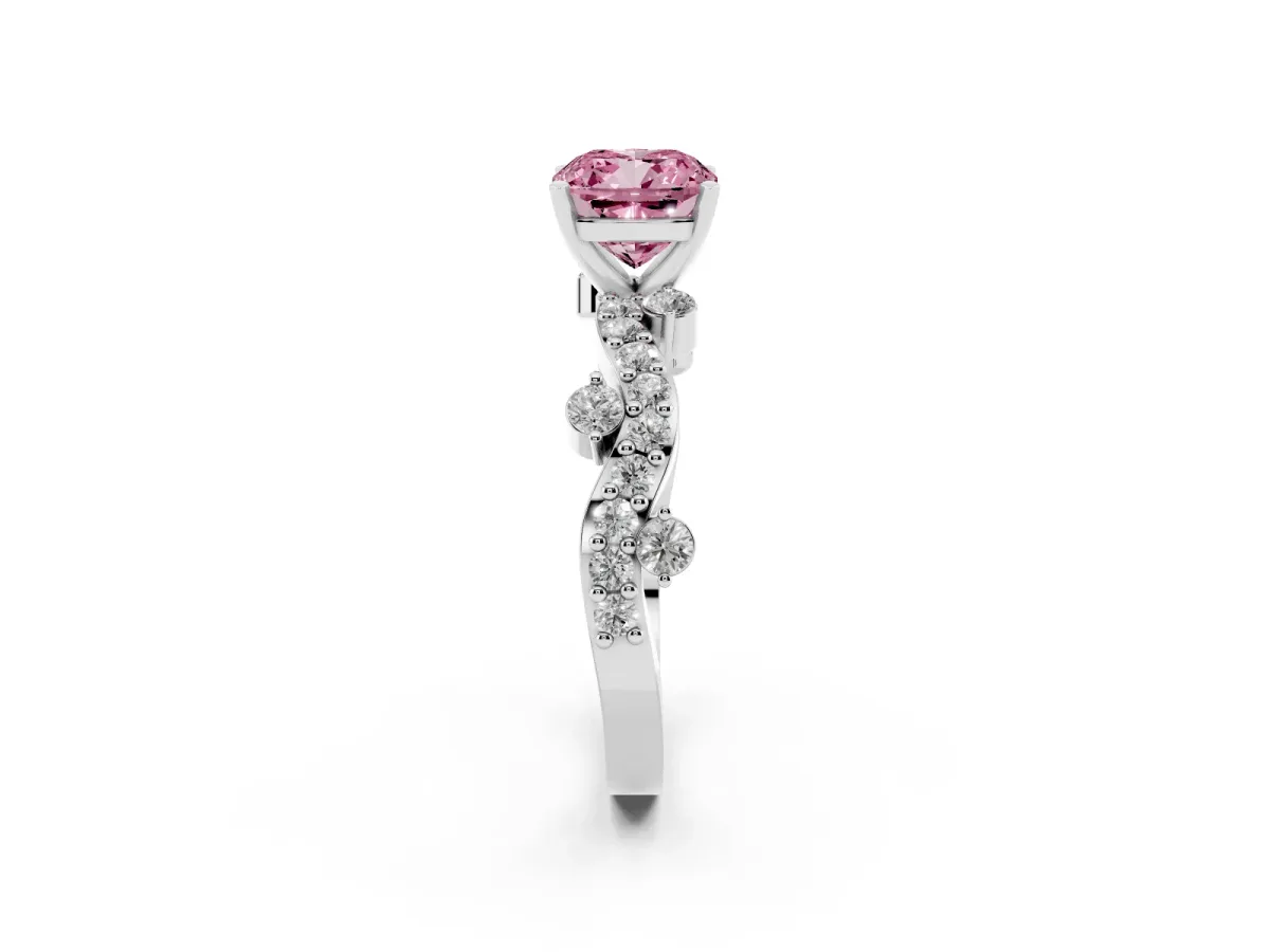 Fancy Pink Cushion Cut Cut Solitaire Diamond Twisted Band with Pave Setting Silver
