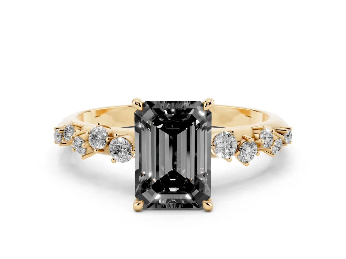 Fancy Black Emerald Cut Diamond Cluster Side Stone Solitaire Ring with Prong Setting Yellow gold