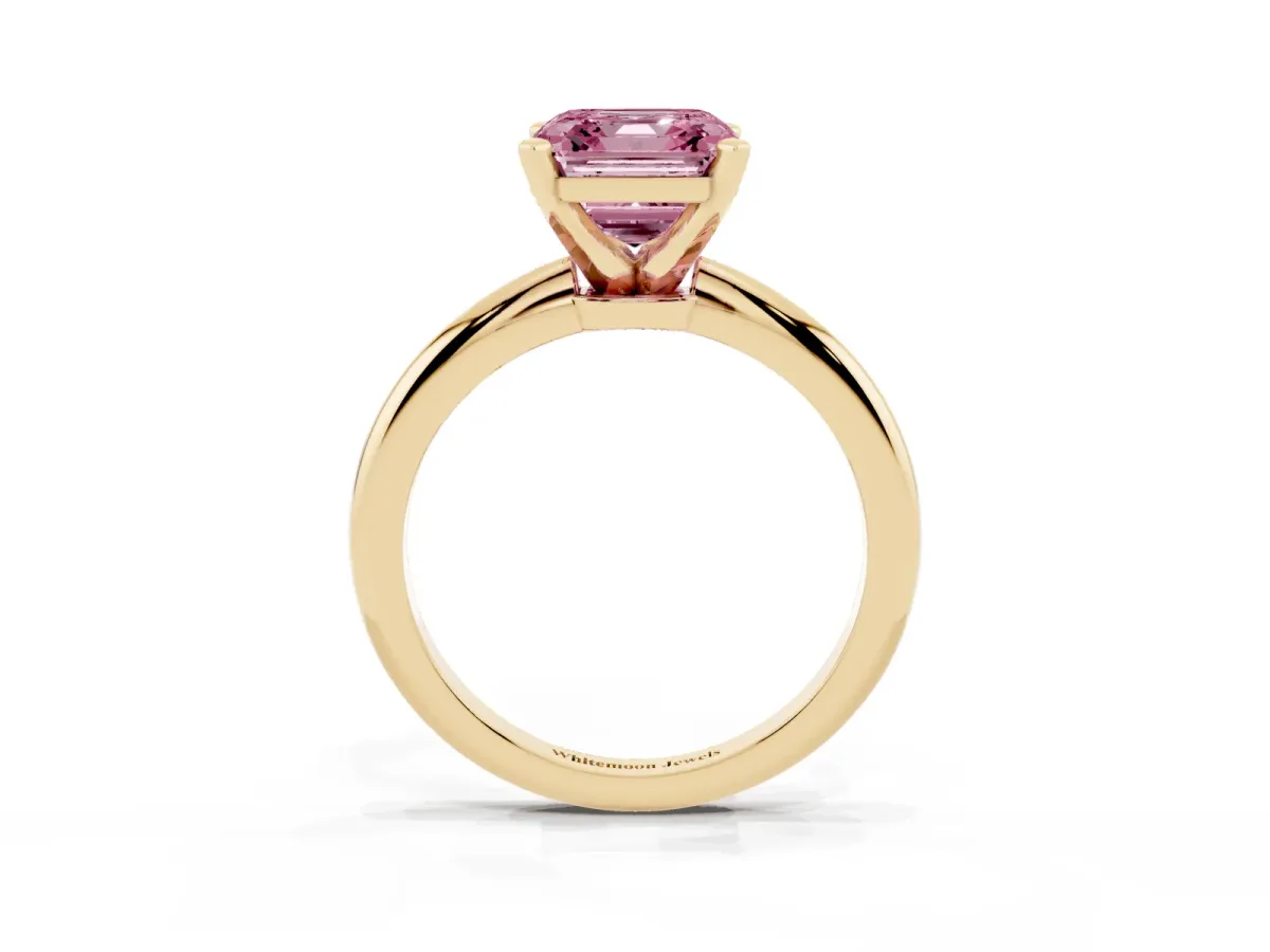 Fancy Pink Asscher Cut Diamond Solitaire Ring with Prong Setting and Classic Band Yellow gold