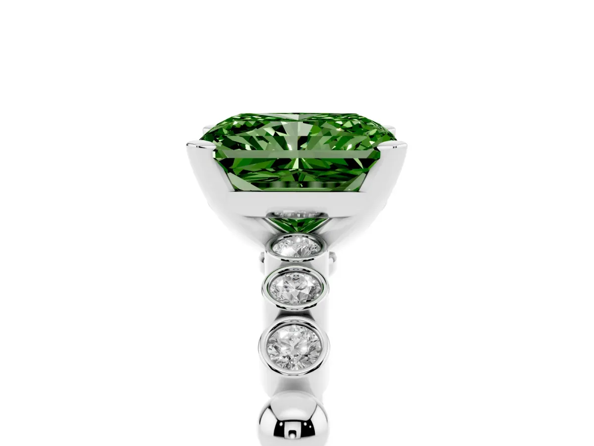 Fancy Green Radiant Cut Solitaire Bezel Accent Diamond Engagement Ring with Beaded Band and Four-Prong Setting Silver