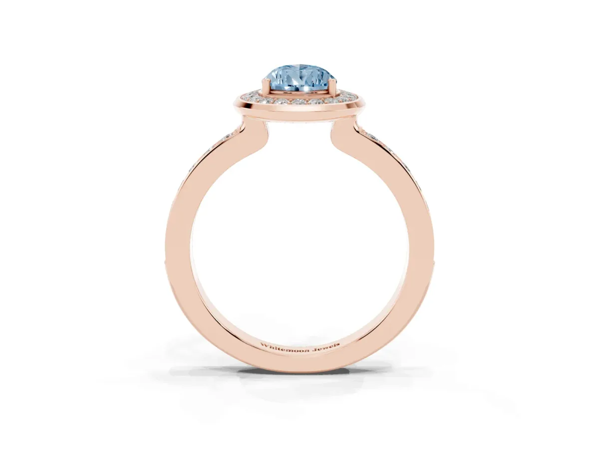 Fancy Blue Pear Cut Diamond Halo Ring with Bezel Frame and Pavé Band Rose gold