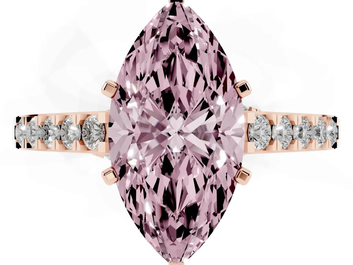 Fancy Pink Marquise Cut Diamond Solitaire Ring with Crossover Gallery and Round Pavé Band Rose gold
