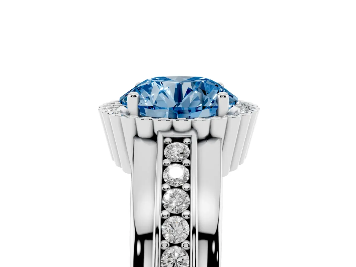 Fancy Blue Round Cut Cut Halo Pave Band Four-Prong Ring Silver
