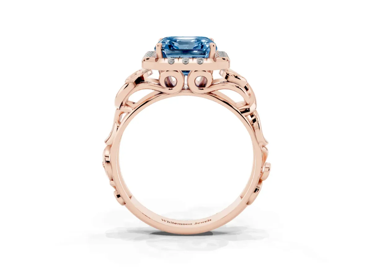 Fancy Blue Asscher Cut Cut Halo Diamond Ring with Scrollwork Band and Four-Prong Setting Rose gold