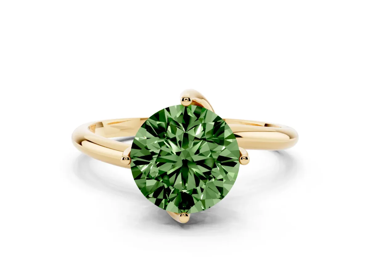 Fancy Green Round Cut Diamond Solitaire Engagement Ring with Four-Prong Setting and Classic Band Yellow gold