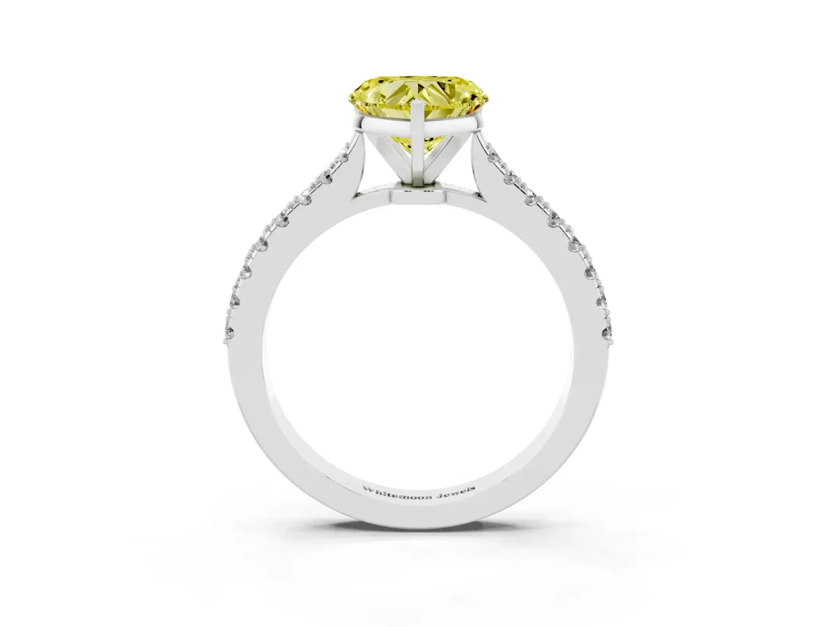 Fancy Yellow Heart Cut Cut Solitaire Diamond Engagement Ring with Pave Band and Four-Prong Setting Platinum