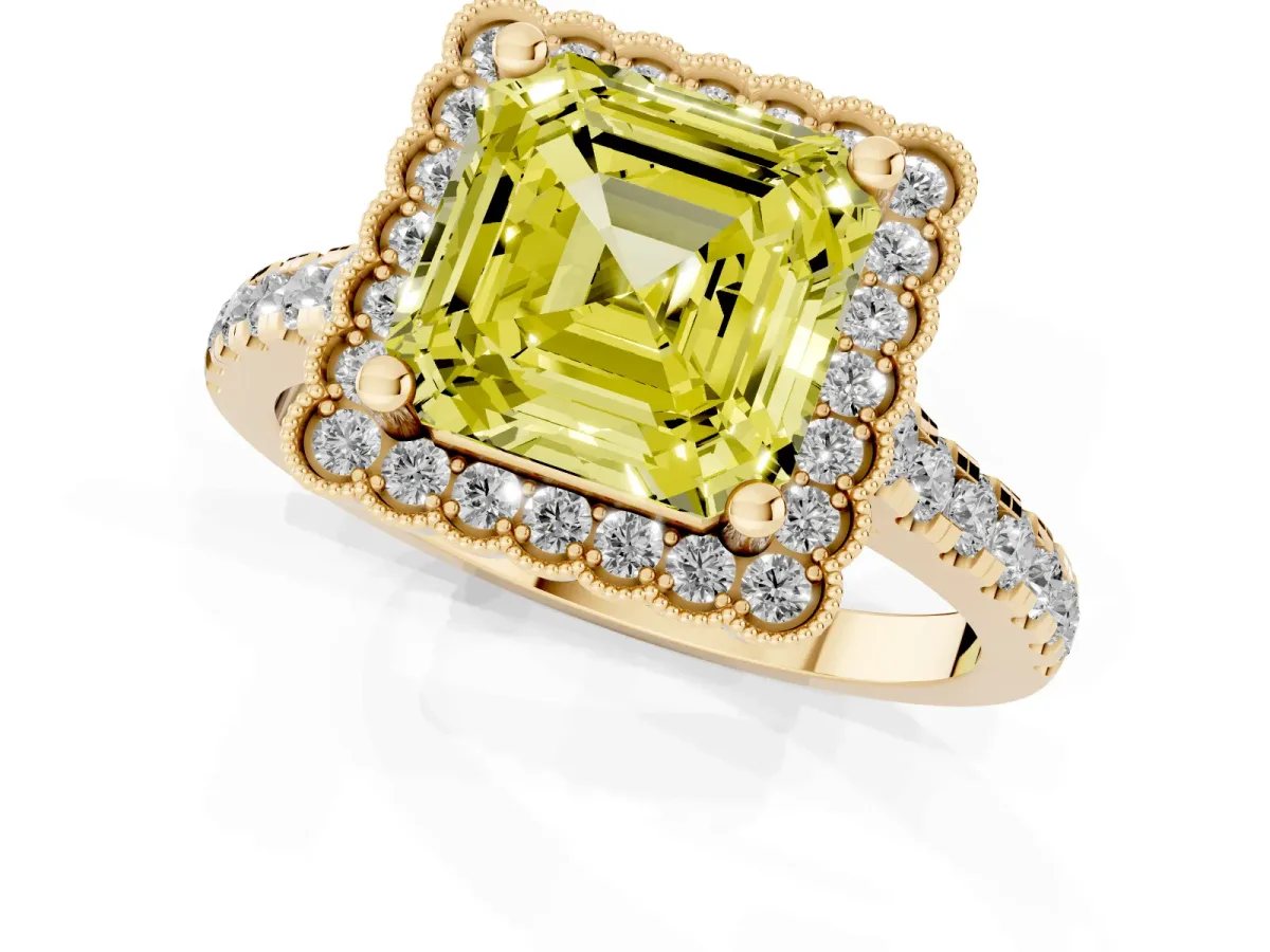 Fancy Yellow Asscher Cut Cut Diamond Milgrain Floral Halo Engagement Ring with Pavé Band Yellow gold