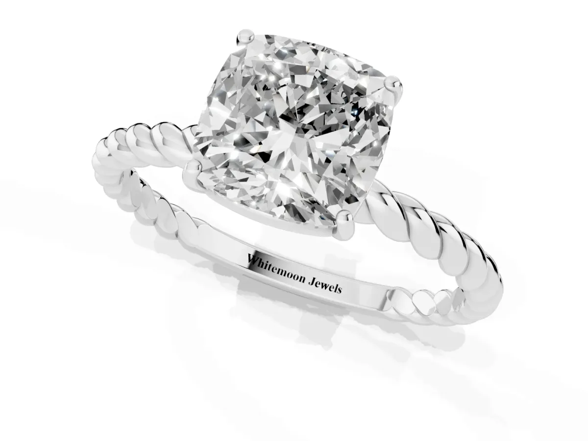 Cushion Cut Solitaire Twist Band Ring with Four-Prong Setting White gold