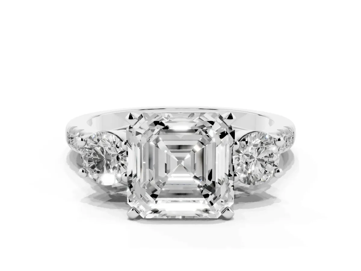 Three-Stone Asscher Cut Diamond Pavé Band with Four-Prong Setting Silver