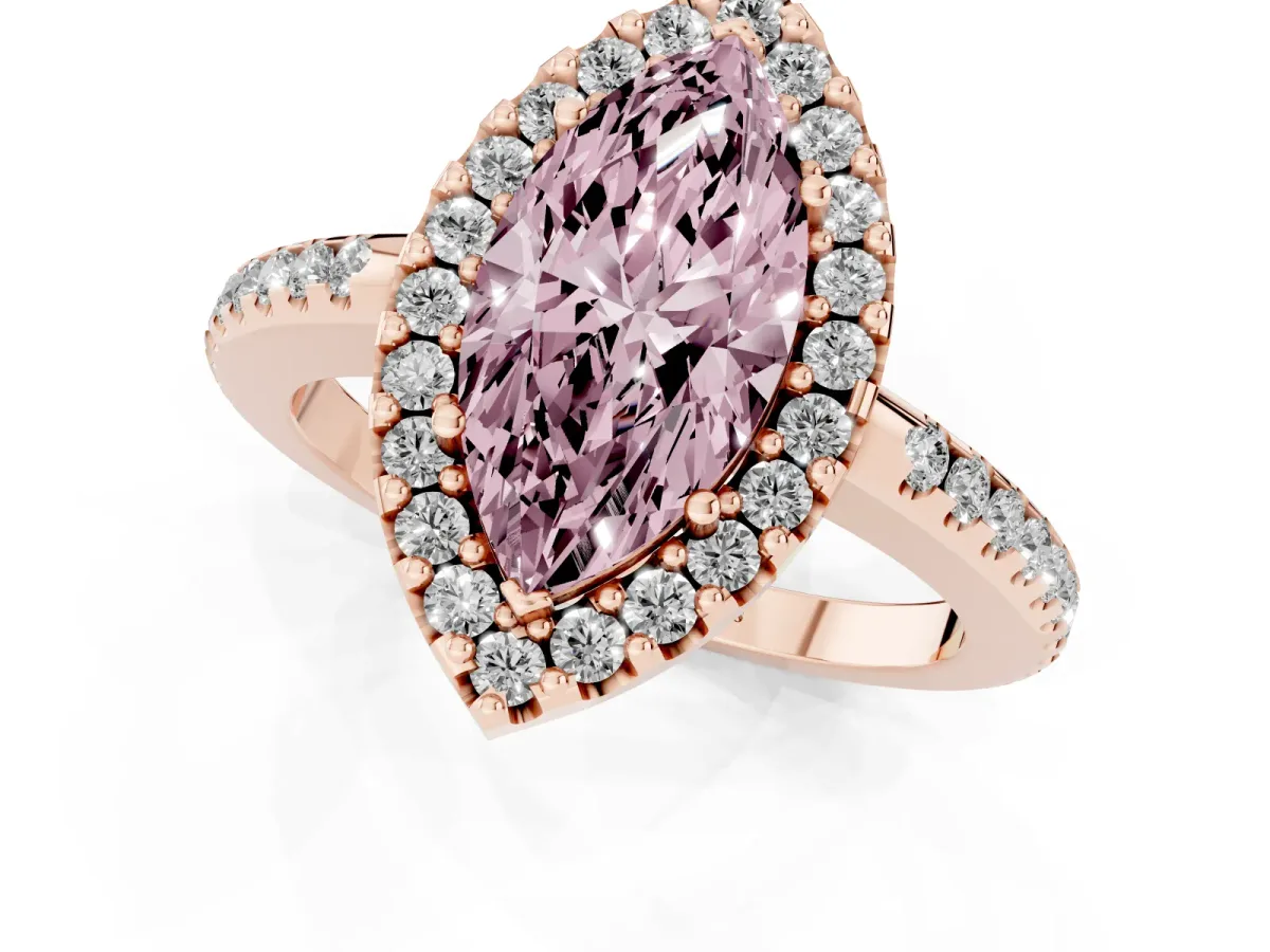 Fancy Pink Marquise Cut Diamond Pavé Halo Ring with Four-Prong Setting Rose gold