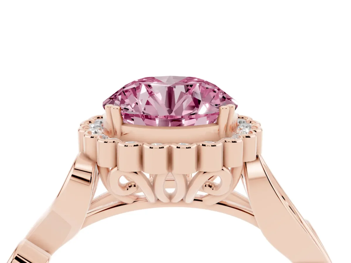 Fancy Pink Round Cut Diamond Halo Ring with Vintage Split Shank and Four-Prong Setting Rose gold