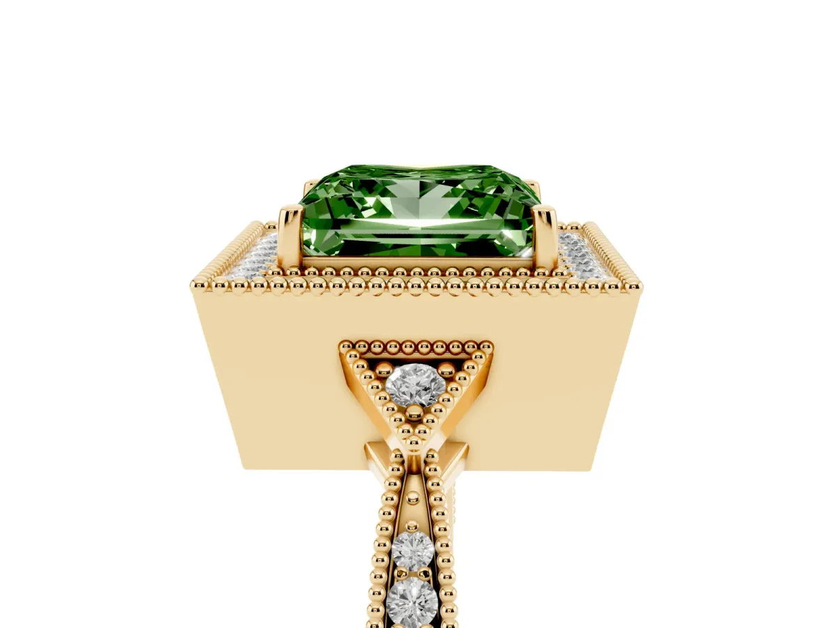 Fancy Green Princess Cut Halo Round Diamond Milgrain Pave Engagement Ring Yellow gold