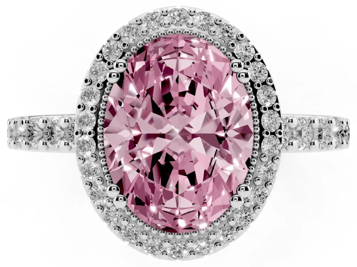 Fancy Pink Oval Cut Cut Diamond Halo Engagement Ring with Milgrain Detail and Pavé Band Silver