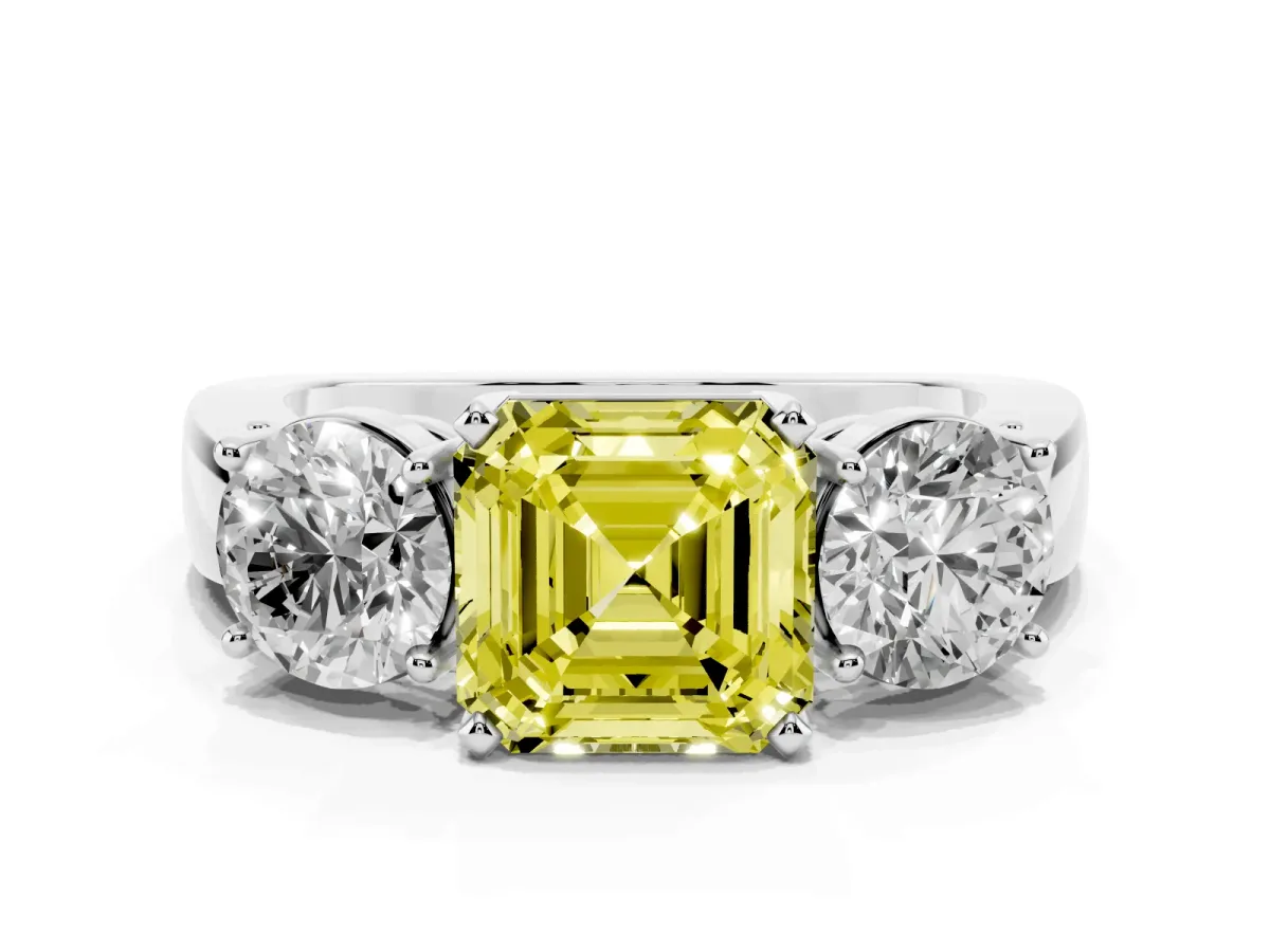 Fancy Yellow Three-Stone Asscher Cut Diamond Ring with Round Side Stones, Classic Band, and Four-Prong Setting White gold