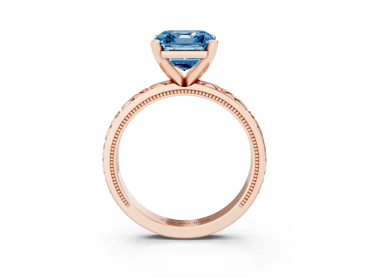 Fancy Blue Asscher Cut Solitaire Diamond Engagement Ring with XO Engraved Band and Four-Prong Setting Rose gold