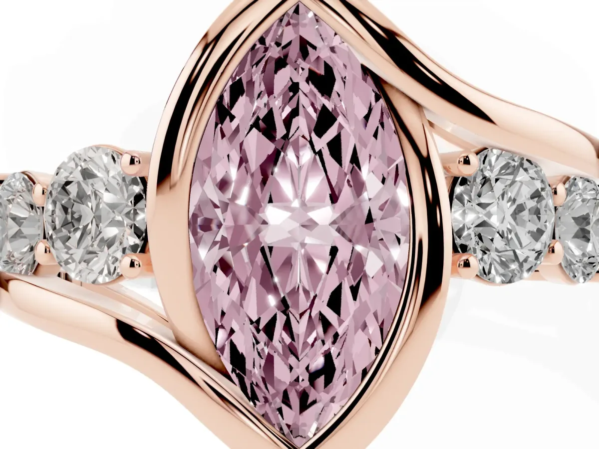 Fancy Pink Bezel Set Marquise Cut Diamond Bypass Ring with Round Accents Rose gold