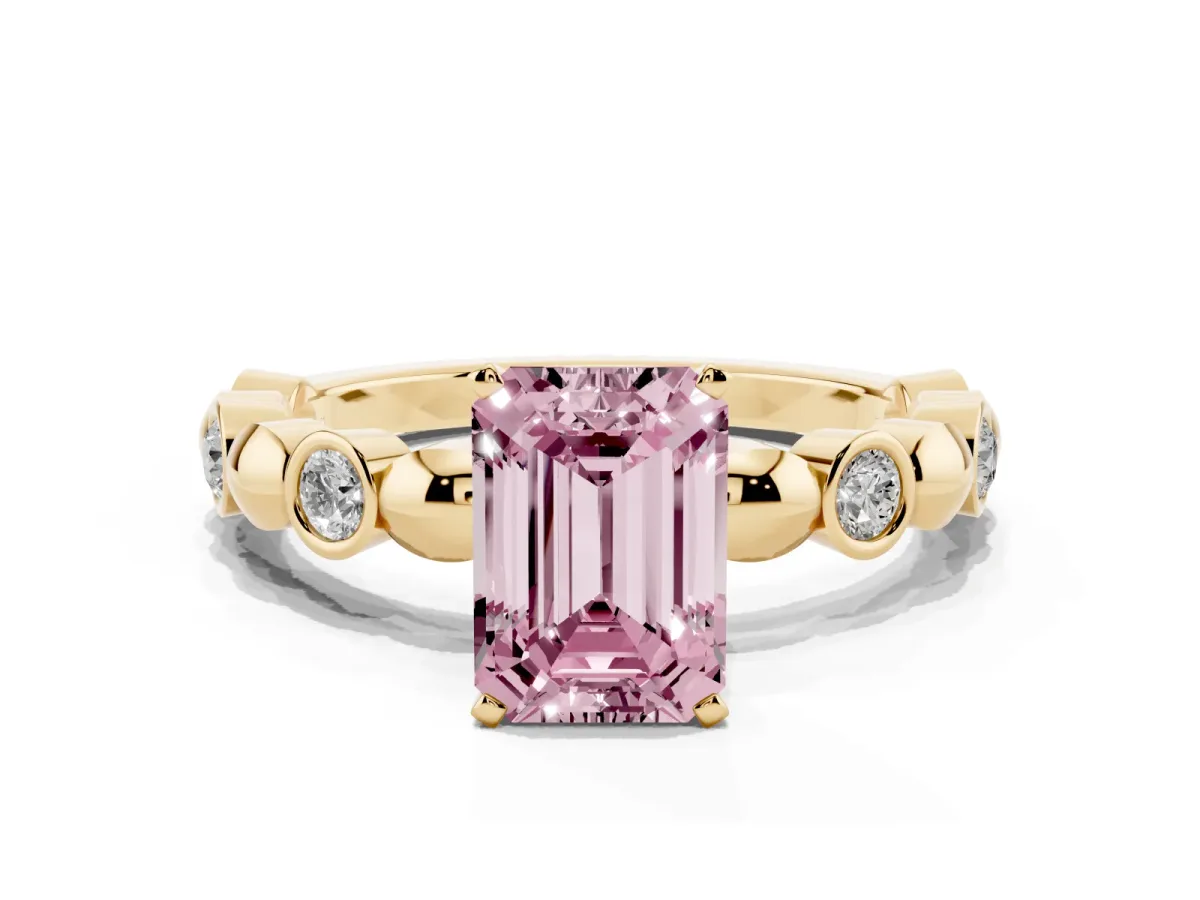 Fancy Pink Emerald Cut Solitaire Bezel-Set Diamond Ring with Beaded Band and Four-Prong Setting Yellow gold