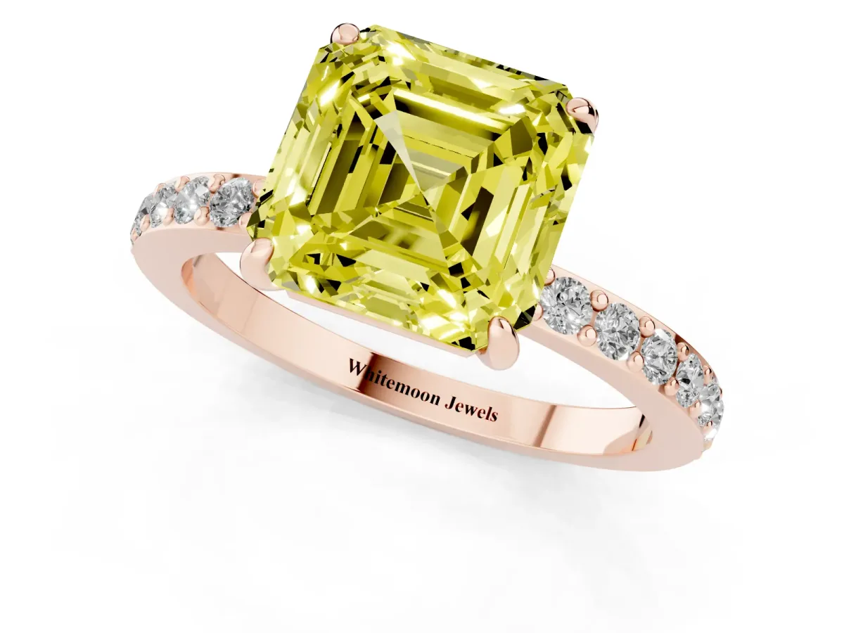 Fancy Yellow Asscher Cut Diamond Pavé Engagement Ring with Round Accents and Prong Setting Rose gold