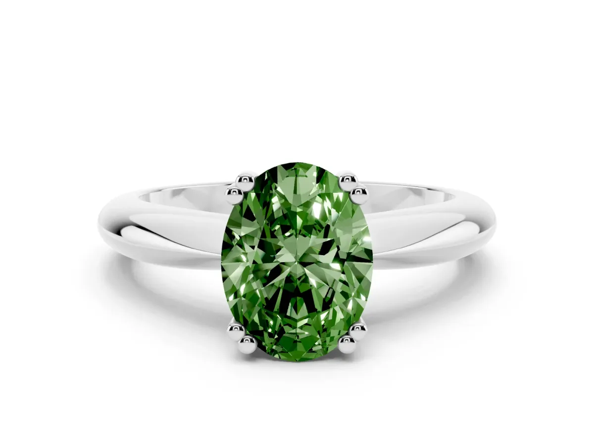 Fancy Green Oval Cut Cut Solitaire Engagement Ring with Tapered Band and Four-Prong Setting Silver