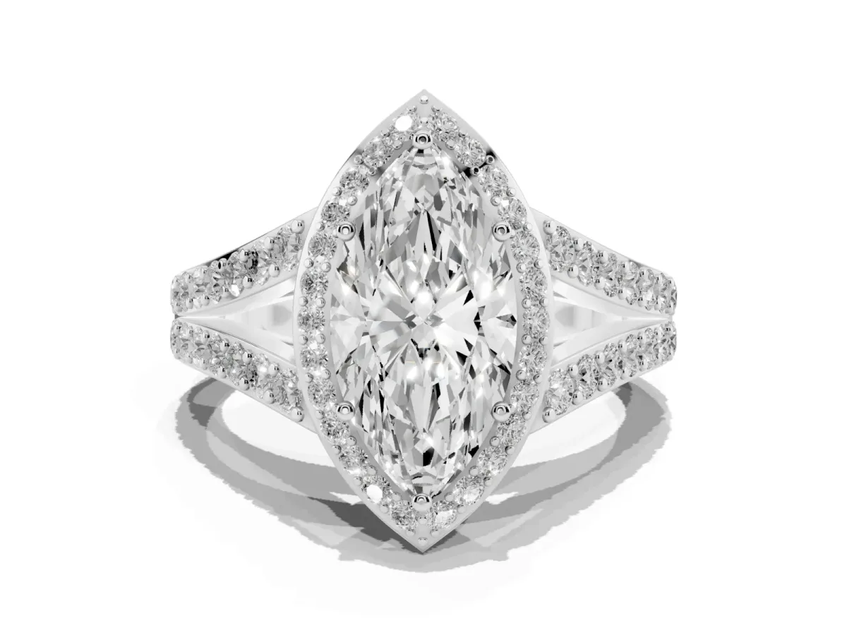 Marquise Cut Diamond Split Shank Halo Ring with Four-Prong Setting Platinum