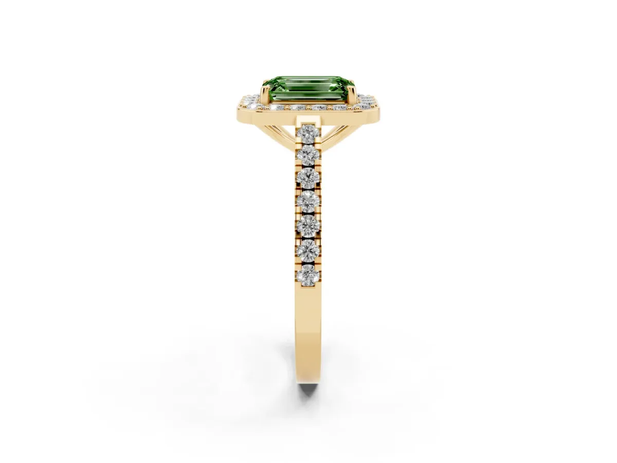 Fancy Green Emerald Cut Diamond Halo Ring with Round Pavé Split Shank and Prong Setting Yellow gold