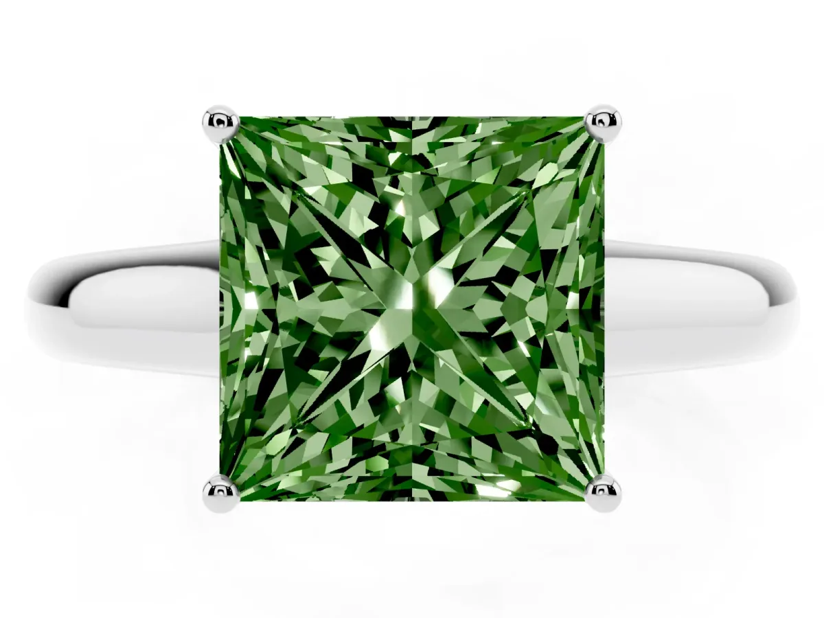 Fancy Green Princess Cut Solitaire Engagement Ring with Tapered Band and Four-Prong Setting Silver