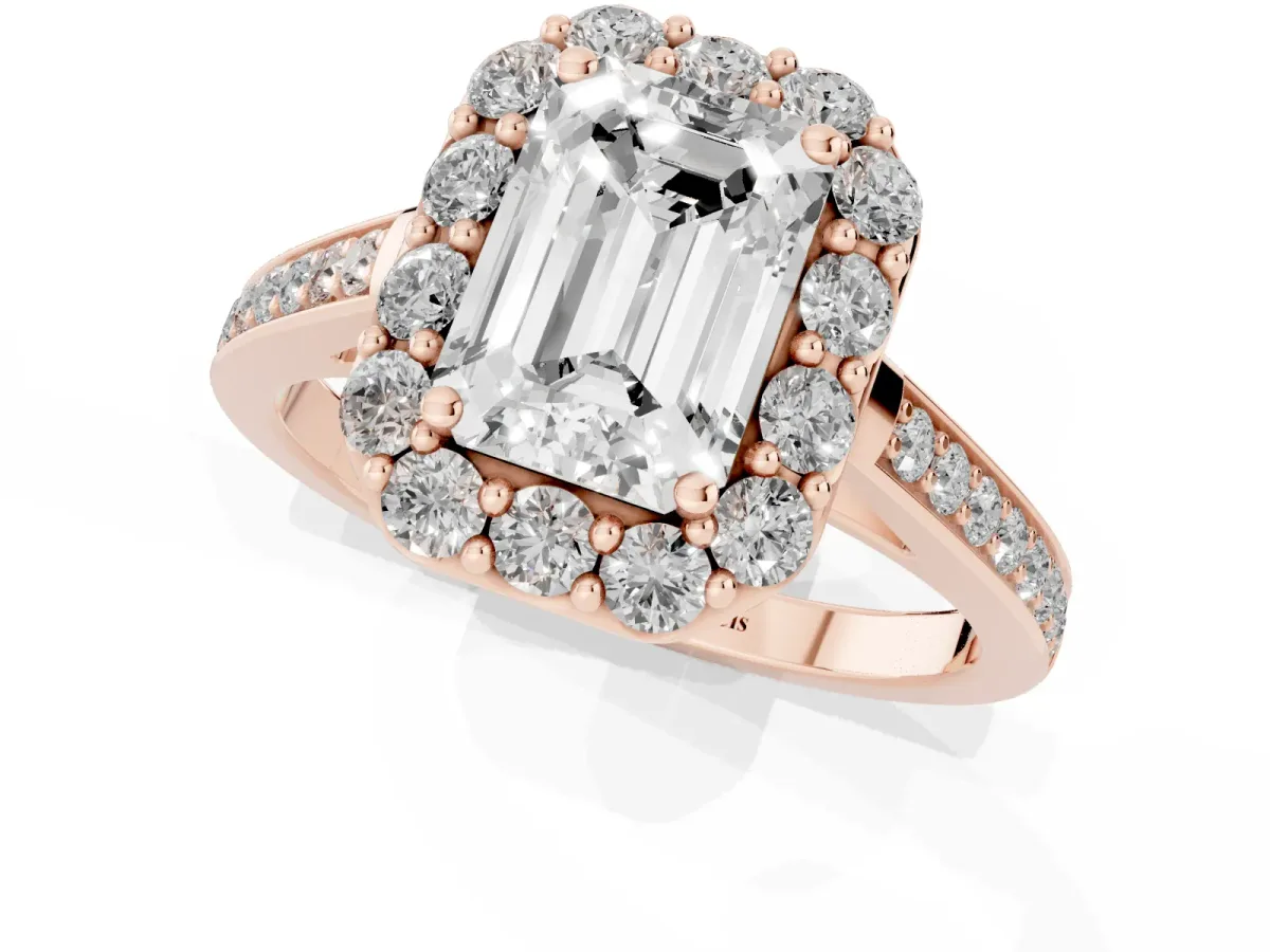 Emerald Cut Diamond Floral Halo Ring with Pavé Band and Prong Setting Rose gold