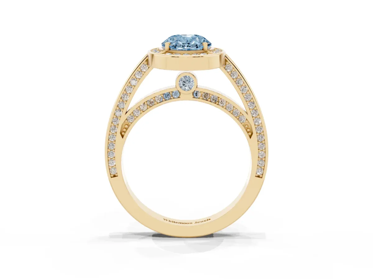 Fancy Blue Oval Cut Cut Halo Pave Split Shank Prong Setting Ring Yellow gold