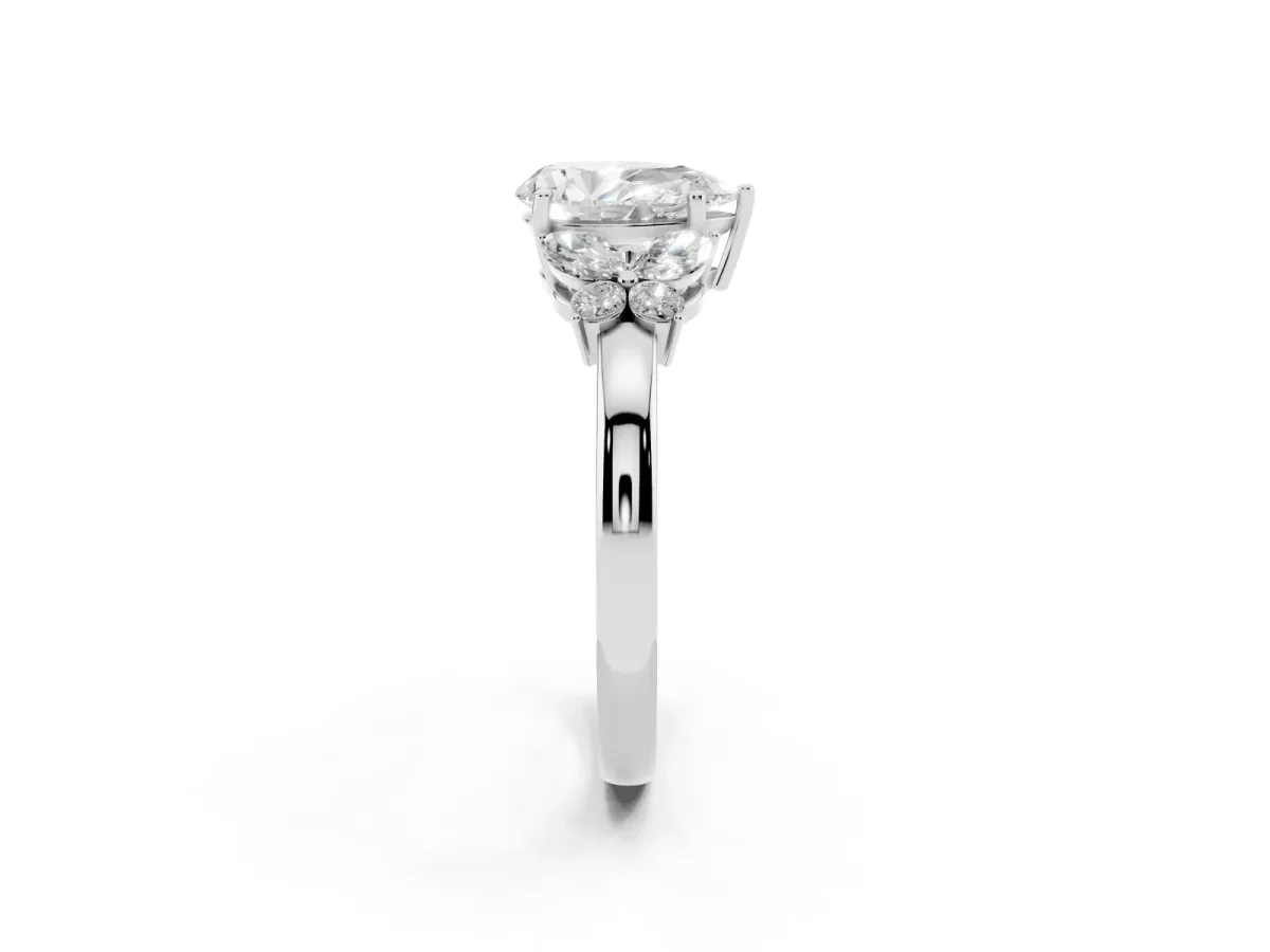 Pear Cut Cut Solitaire Floral Diamond Ring with Four-Prong Setting Platinum