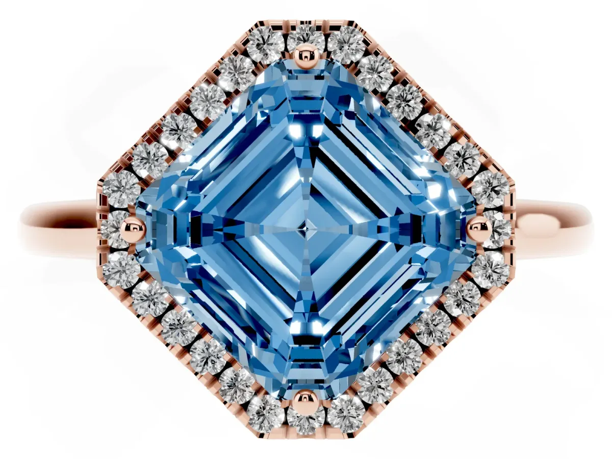 Fancy Blue Asscher Cut Halo Round Diamond Solitaire Engagement Ring with Pave Band and Four-Prong Setting Rose gold
