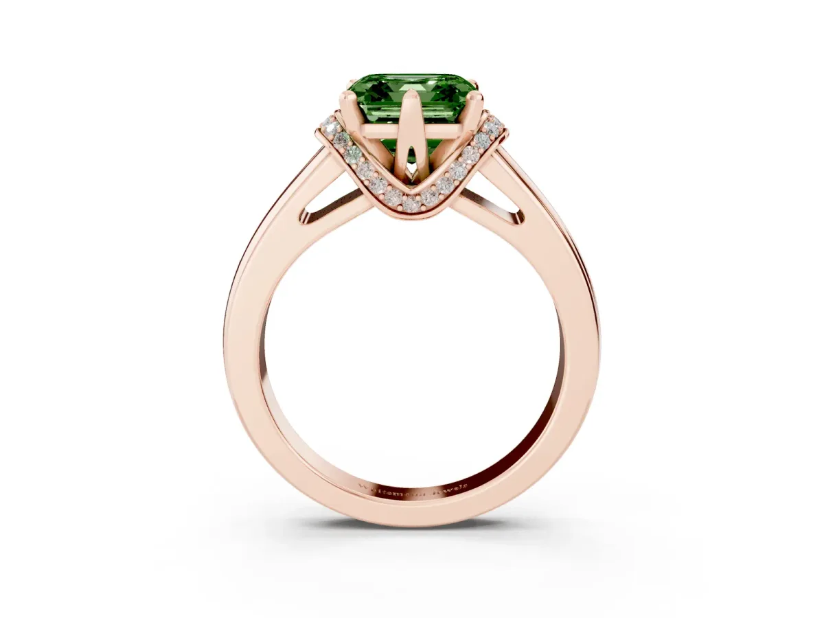 Fancy Green Asscher Cut Solitaire Diamond Ring with Pave Band and Six-Prong Setting Rose gold