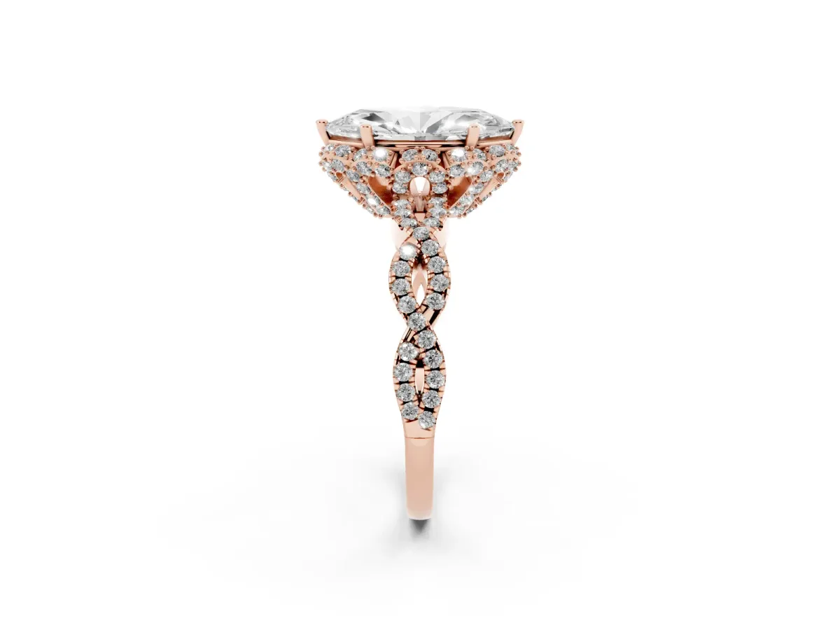 Marquise Cut Halo Twist Band Solitaire Ring with Six-Prong Setting Rose gold