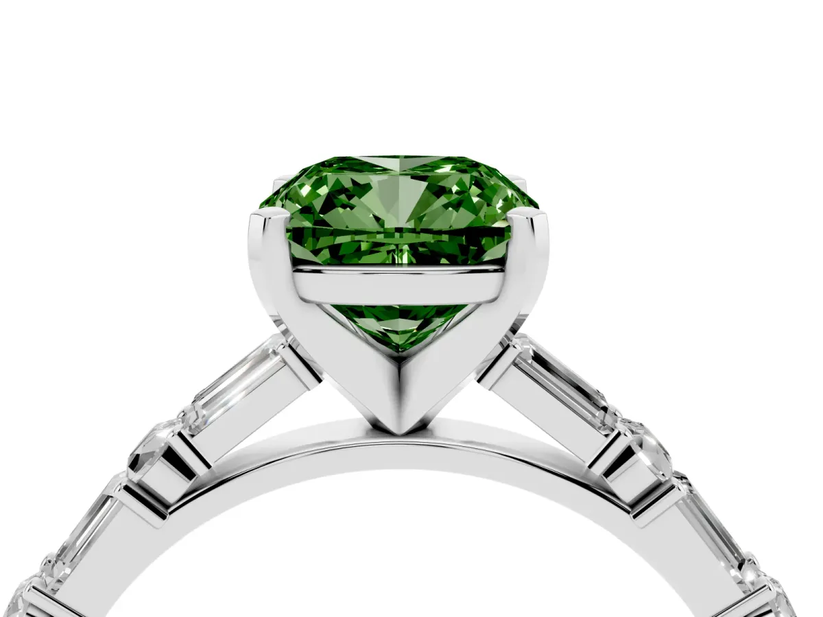 Fancy Green Cushion Cut Diamond Solitaire with Side Baguettes and Channel Set Band Silver