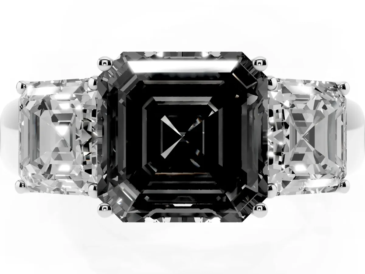 Fancy Black Three-Stone Asscher Cut Cut Diamond Ring with Prong Setting and Classic Band Platinum