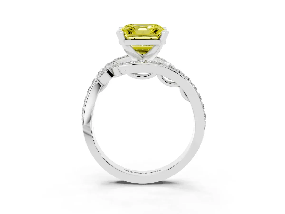 Fancy Yellow Asscher Cut Solitaire with Pavé Twist Band and Four-Prong Setting Platinum