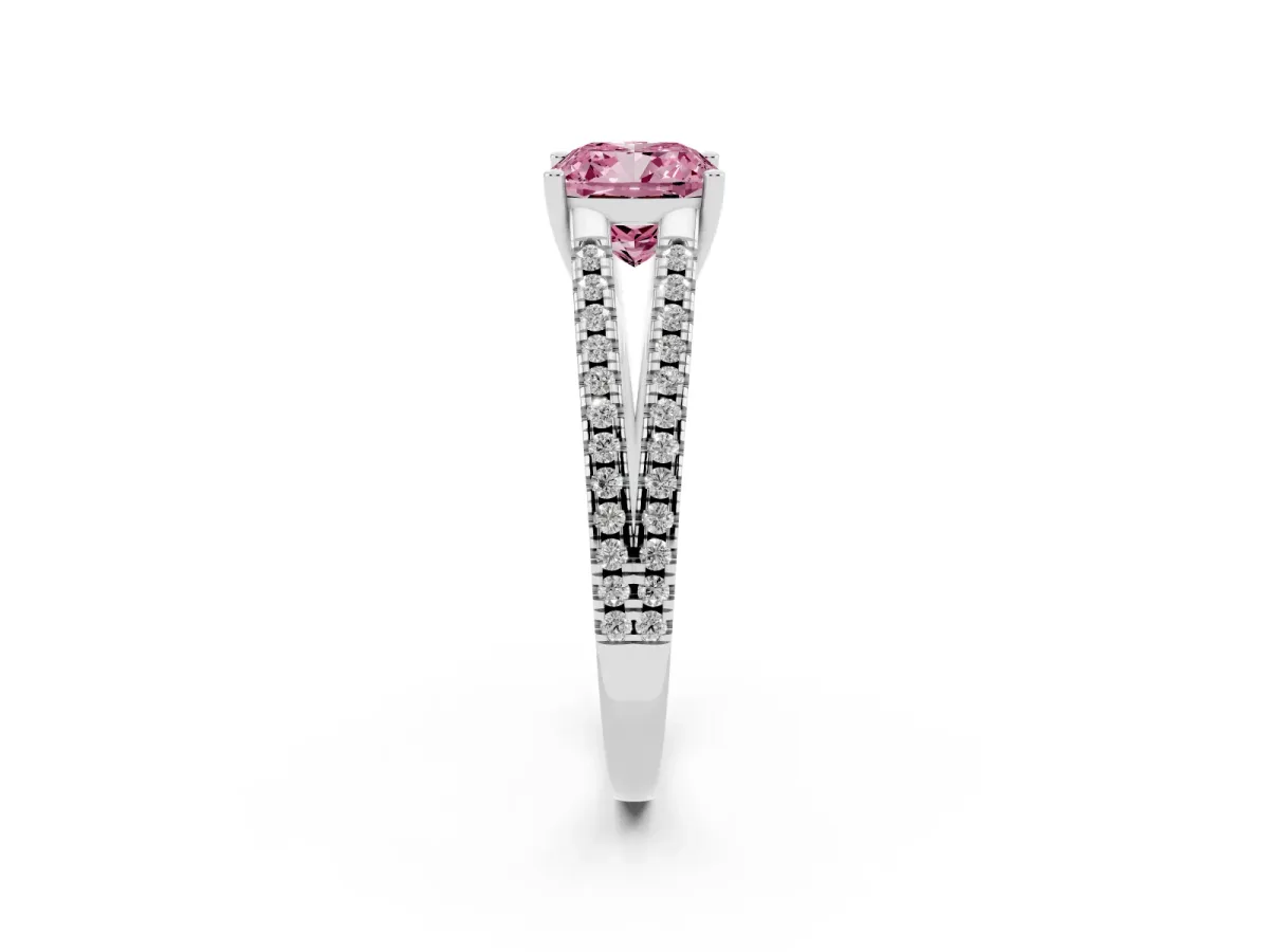 Fancy Pink Cushion Cut Diamond Solitaire Engagement Ring with Split Shank Pavé Band Silver