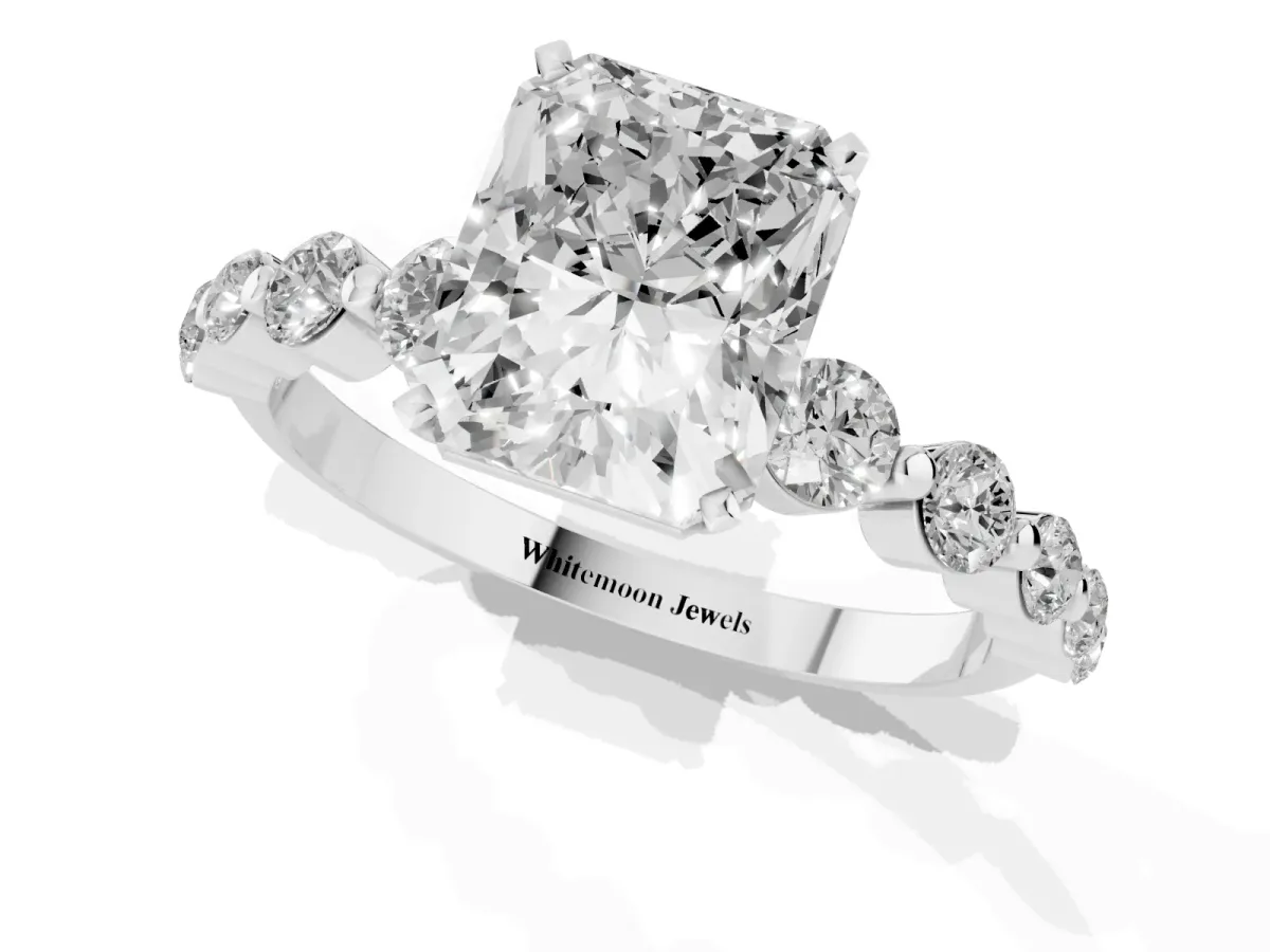 Radiant Cut Solitaire Diamond Ring with Pave Band and Four-Prong Setting Silver