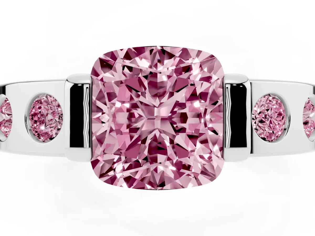 Fancy Pink Cushion Cut Brilliant Channel-Set Diamond Ring with Bezel Prong Setting Silver