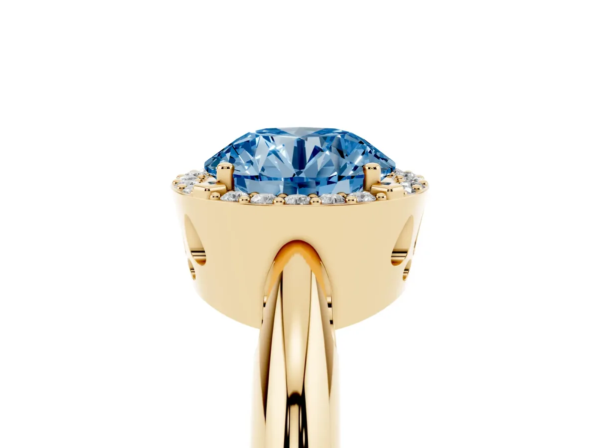 Fancy Blue Round Cut Cut Diamond Halo Engagement Ring with Split Shank and Four-Prong Setting Yellow gold