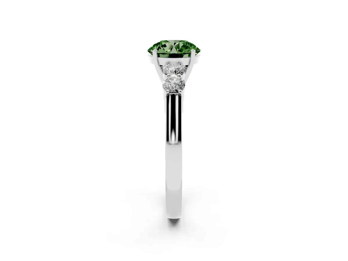 Fancy Green Round Cut Cut Diamond Five-Stone Prong Set White Gold Ring Silver