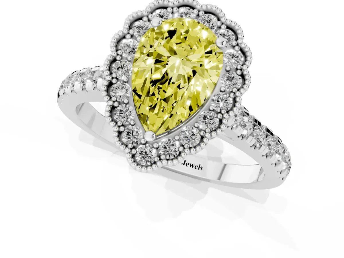 Fancy Yellow Pear Cut Cut Diamond Milgrain Floral Halo Engagement Ring with Pavé Band White gold