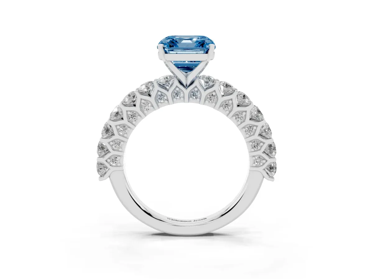 Fancy Blue Asscher Cut Diamond Solitaire Ring with Shared Prong Pavé Band and Four-Prong Setting Silver