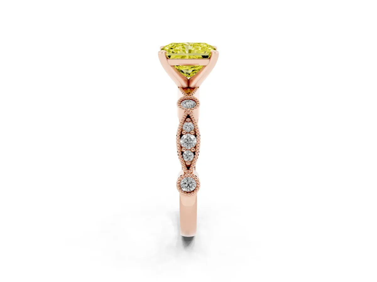 Fancy Yellow Radiant Cut Milgrain Bezel Diamond Engagement Ring with Solitaire Prong Setting Rose gold