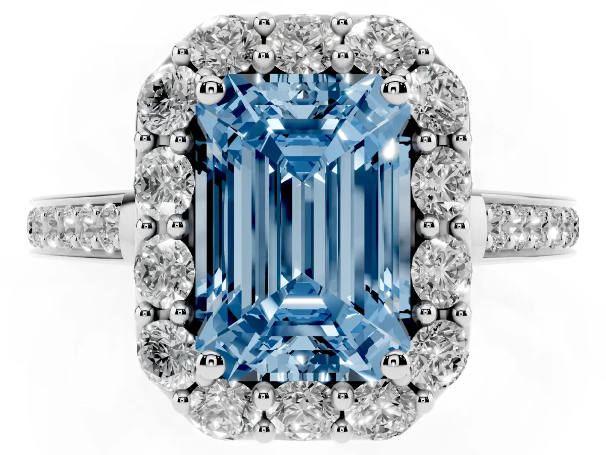 Fancy Blue Emerald Cut Diamond Floral Halo Ring with Pavé Band and Prong Setting White gold